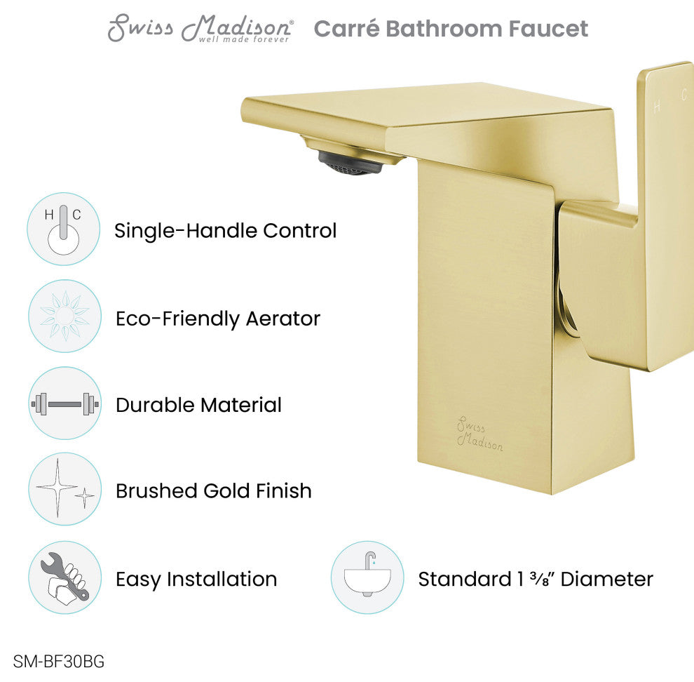Carre Single Hole Single Handle Bathroom Faucet, Brushed Gold