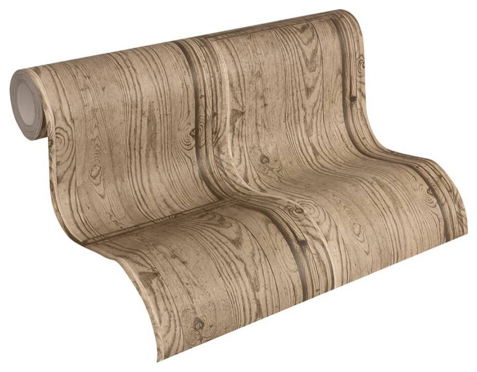 Loft Textured Wallpaper Featuring Rustic Wood, Gray Brown Beige, One Roll