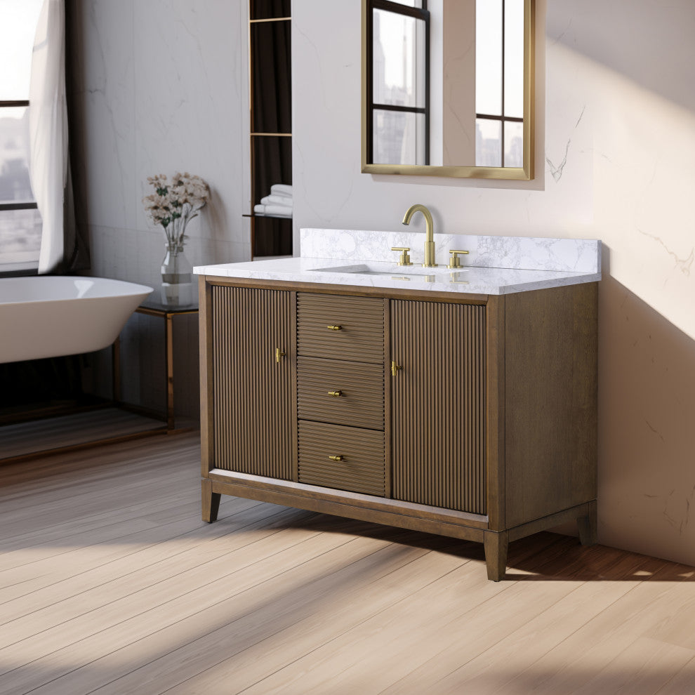 Vanity Art Bathroom Vanity with Engineered Marble Top and Sink, Walnut, 48", Golden Brushed