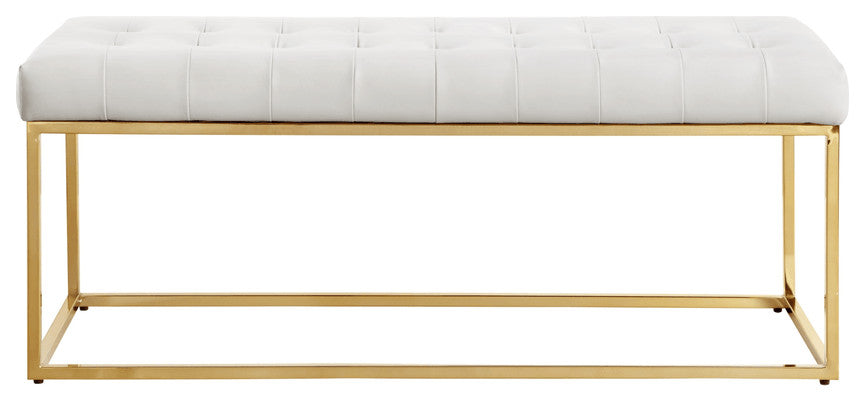 48" White and Gold Upholstered Faux Leather Bench