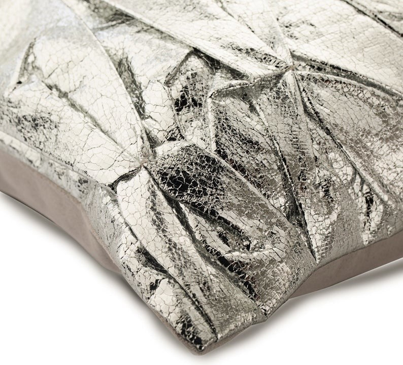 Pintucks & Textured Silver Faux Leather 24"x24" Pillow Cover, Stunning Silver