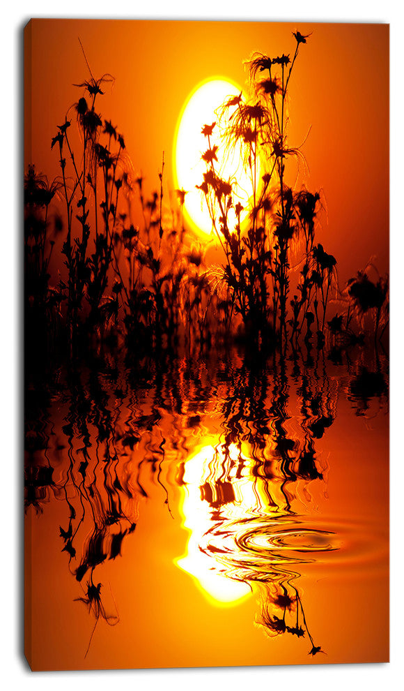 Flowers Silhouette View At Sunset, Extra Large Landscape Canvas Art, 16"x32"