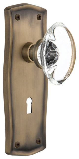 Single Prairie Plate With Oval Clear Crystal Knob, Antique Brass