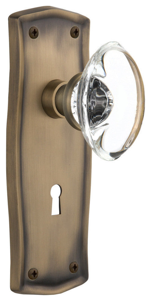 Single Prairie Plate With Oval Clear Crystal Knob, Antique Brass