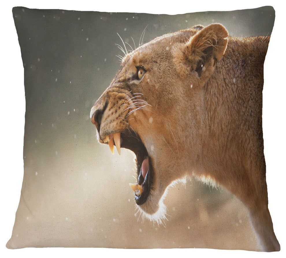 Lion Showing Dangerous Teeth African Throw Pillow, 18"x18"