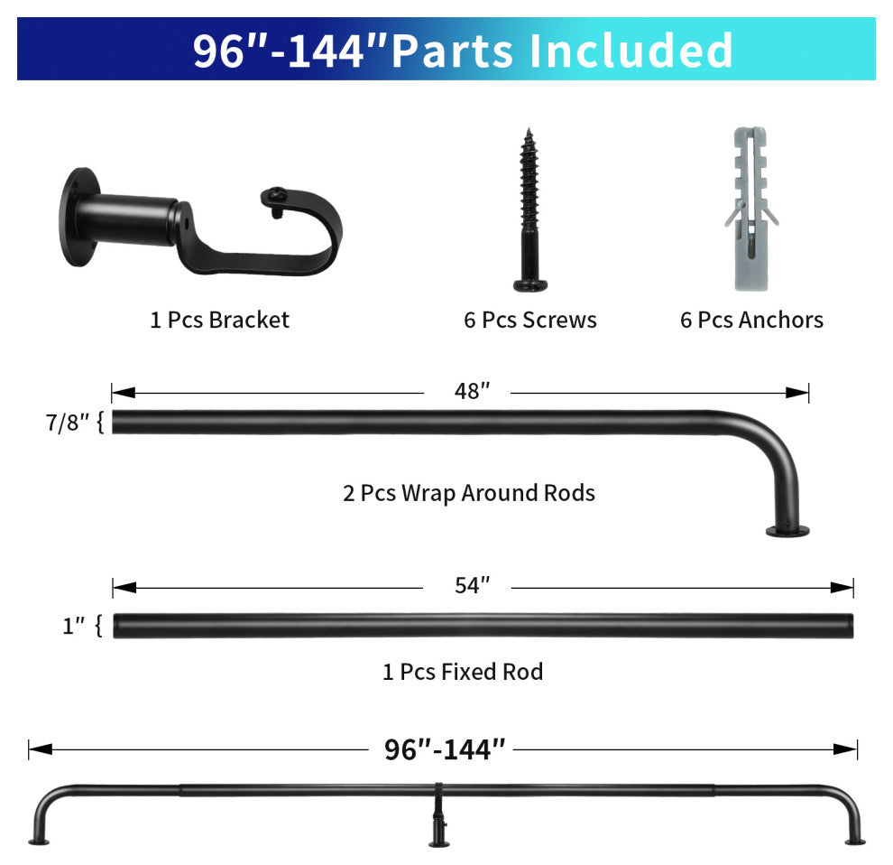 Energy Saving Wrap Around Black Out Return Adjustable Window Curtain Metal Rod, Black, 96-144"