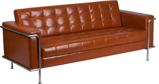 Modern Contemporary Cognac Leather Sofa With Encasing Frame