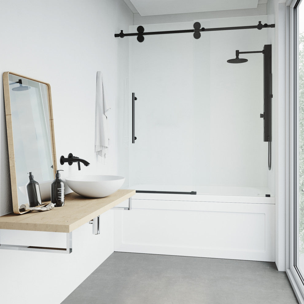 VIGO Elan 56" to 60" W x 66" H Frameless Sliding Tub Door, Matte Black, Clear Glass