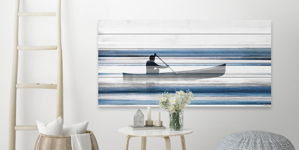 "Blue Lake Canoe II" Painting Print on White Wood, 36"x18"