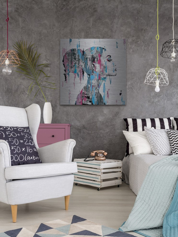 "Pink Blue Face Smudges" Painting Print on Brushed Aluminum, 48"x48"