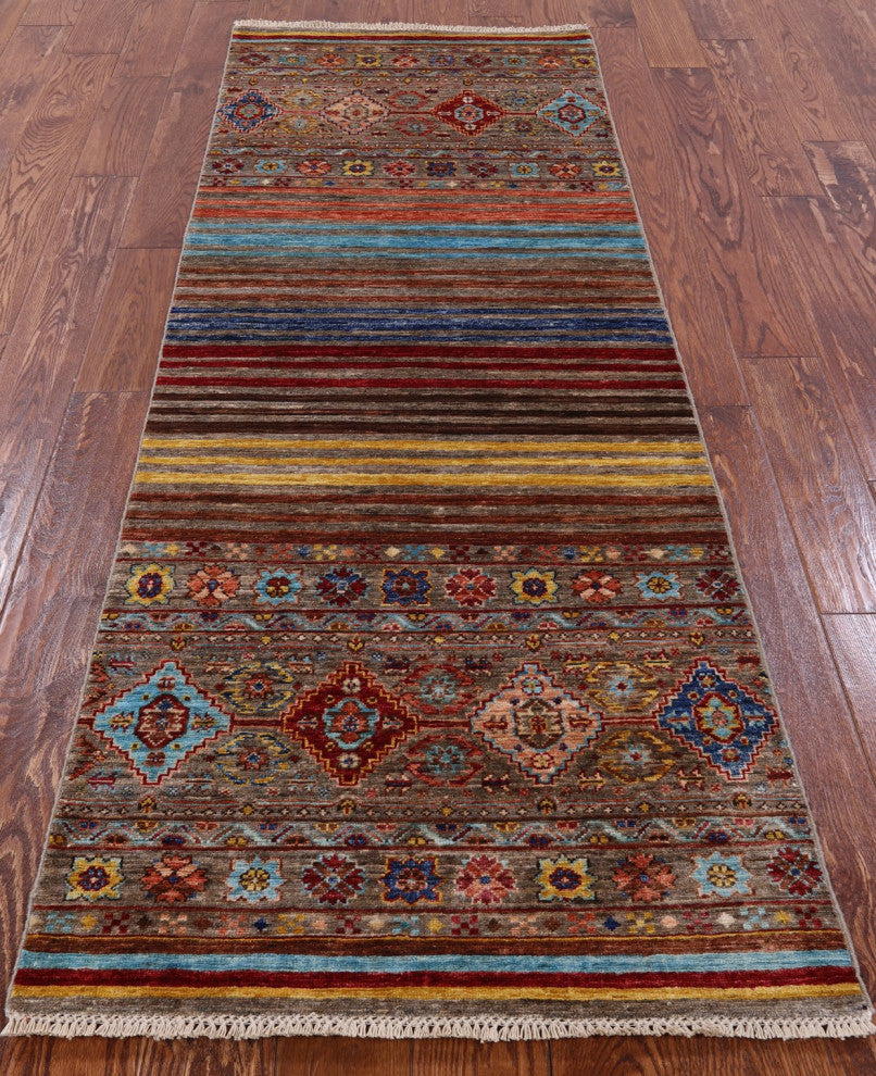 2' 7" X 7' 4" Runner Hand-Knotted Super Kazak Khorjin Rug Q7592