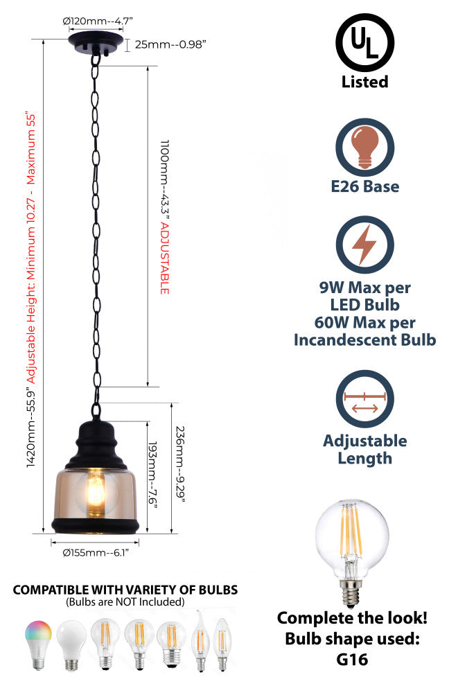 Lazzur Sarthe 1 Light 6" Matte Black Pendant