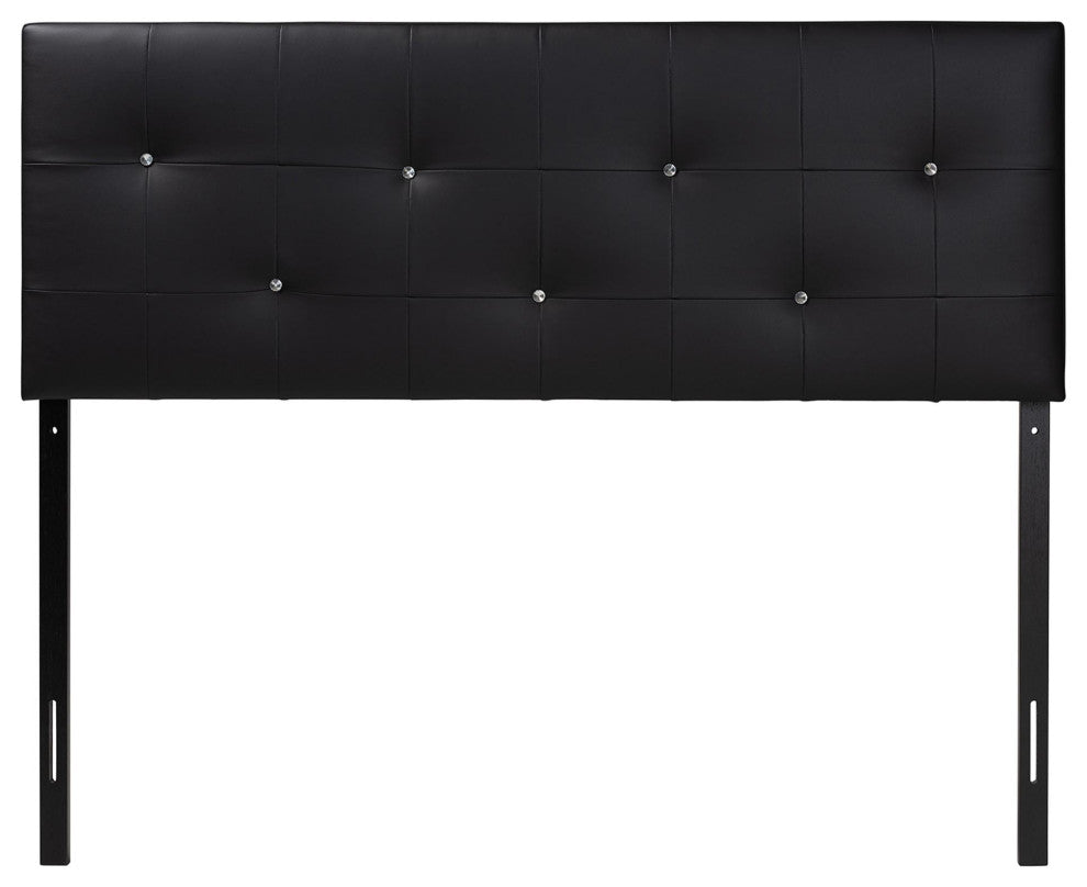 Dalini Queen Black Faux Leather Headboard With Faux Crystal Buttons