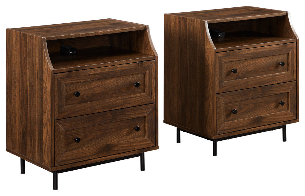 2 Drawer Nightstand with USB, Set of 2 - Dark Walnut