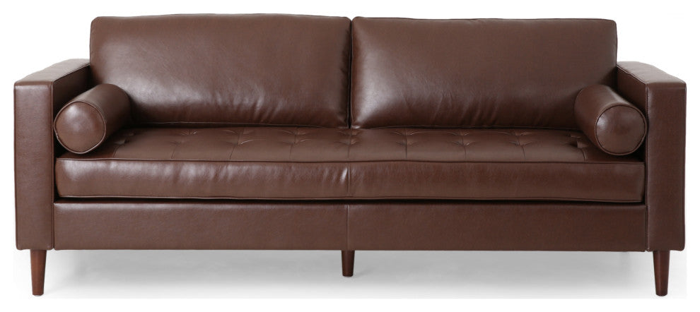 Hixon Faux Leather Tufted 3 Piece Sofa and Club Chair Set, Dark Brown + Espresso