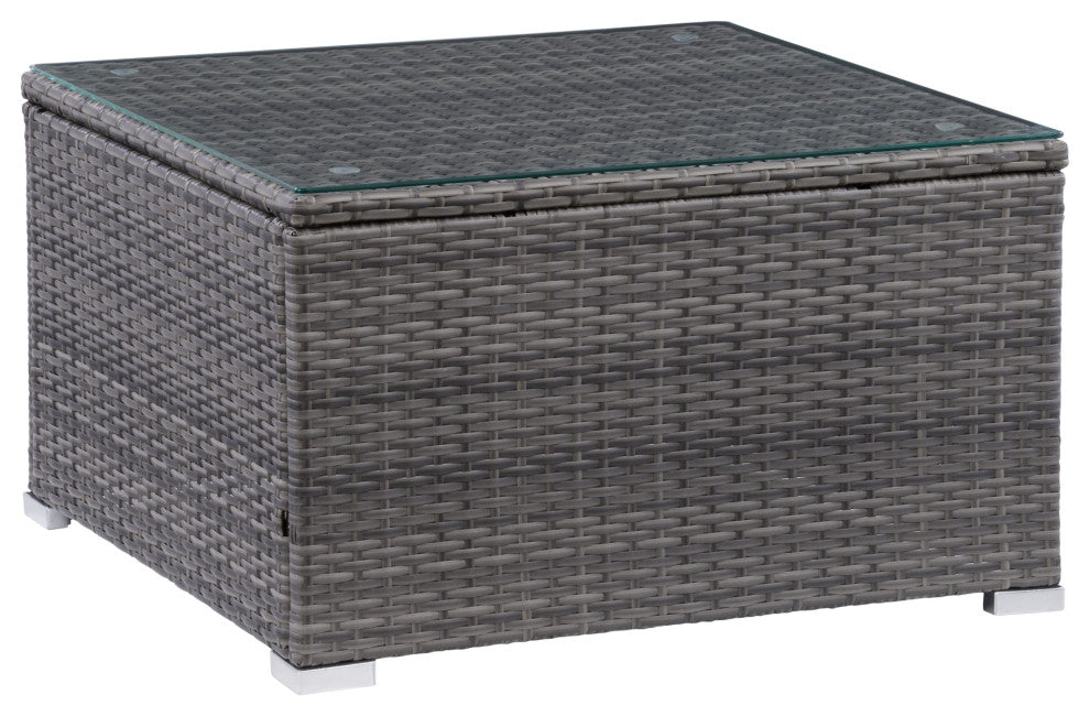 CorLiving Parksville Gray Wicker / Rattan Square Patio Coffee Table w/ Glass Top