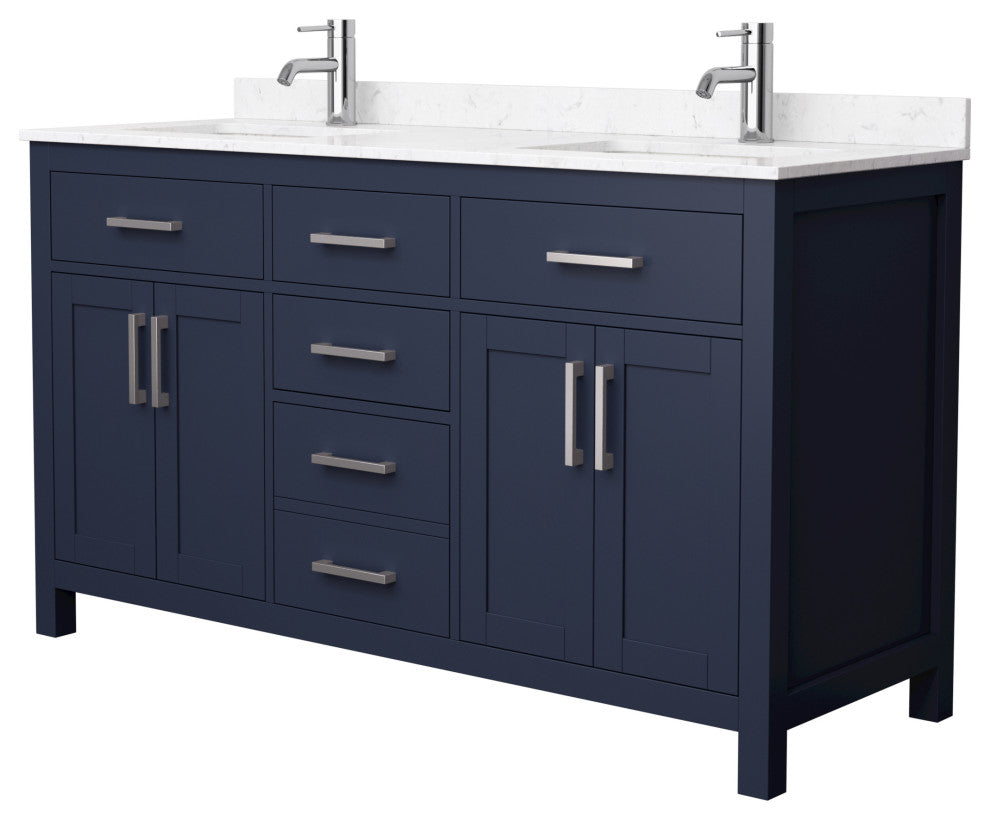 60"DBL Vanity Dark Blue, Carrara Cult. Marble Countertop, Sinks, Nickel Trim
