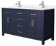 60"DBL Vanity Dark Blue, Carrara Cult. Marble Countertop, Sinks, Nickel Trim