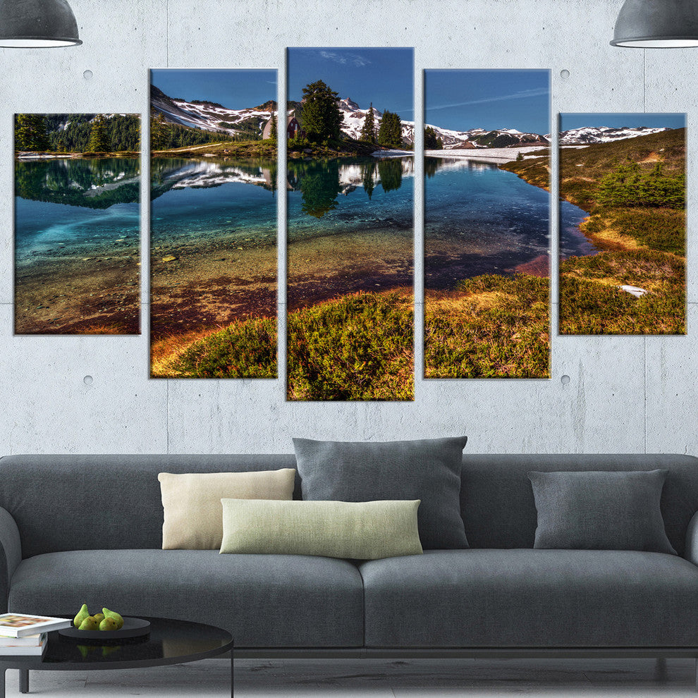 Curving Mountain Lake Shore, Landscape Canvas Print, 60"x32", 5 Panels