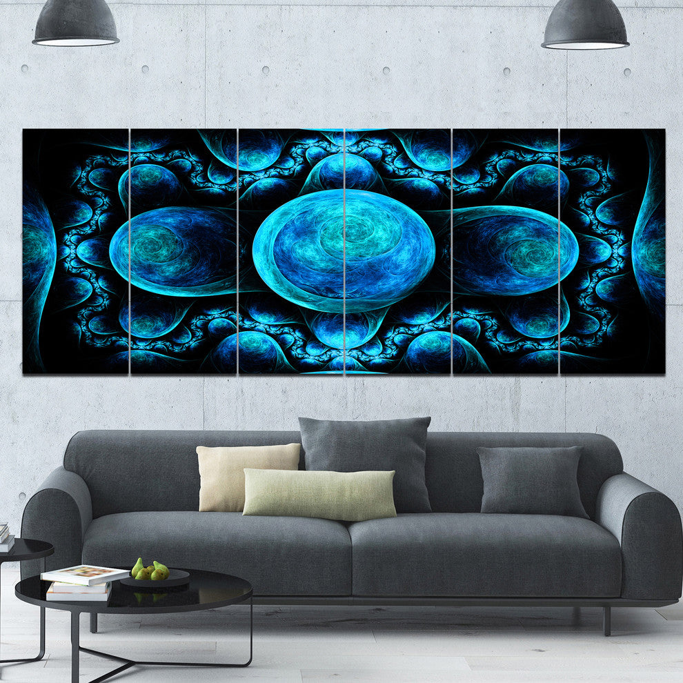Blue Exotic Pattern on Black, Abstract Art on Canvas, 70"x28", 6 Panels