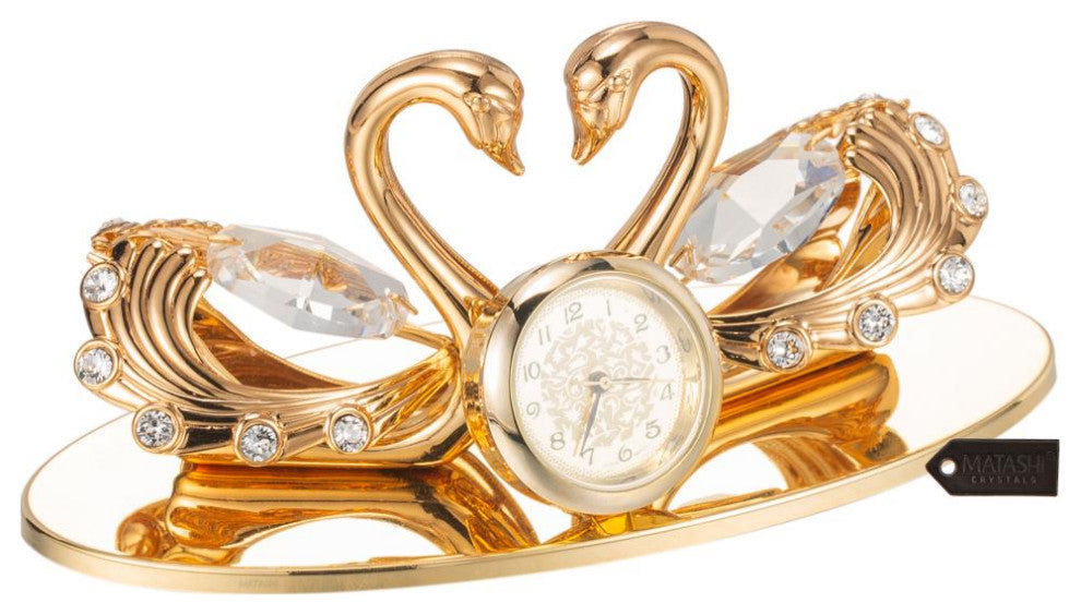 24K Gold Plated Loving Swans Figurine Table-Top Clock Ornament