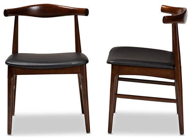 Eira Mid-Century Modern Black Faux Leather Walnut Wood Dining Chair Set of 2
