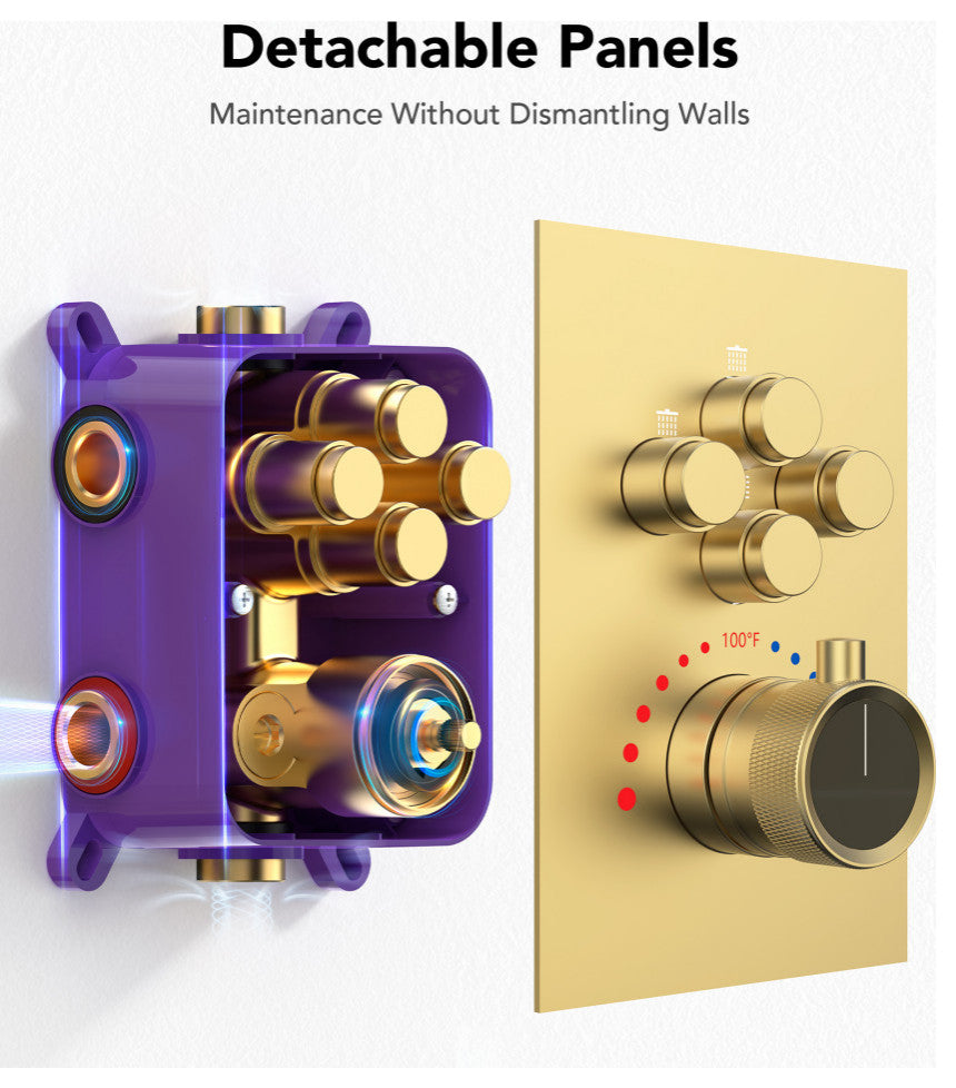 Thermostatic Shower System 12" Dual Shower Heads with Body Jet, Brushed Gold