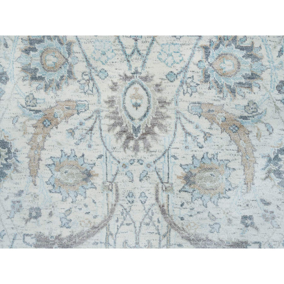 Ivory Sickle Leaf Design Silk With Wool Hand Knotted XL Runner Rug, 2'6"x20'0"