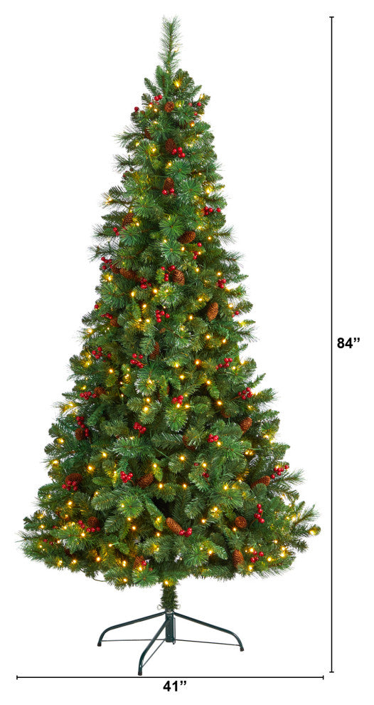 7' Flat Back Montreal Mountain Pine Faux Xmas Tree W/ Pinecones, Berries, Lights