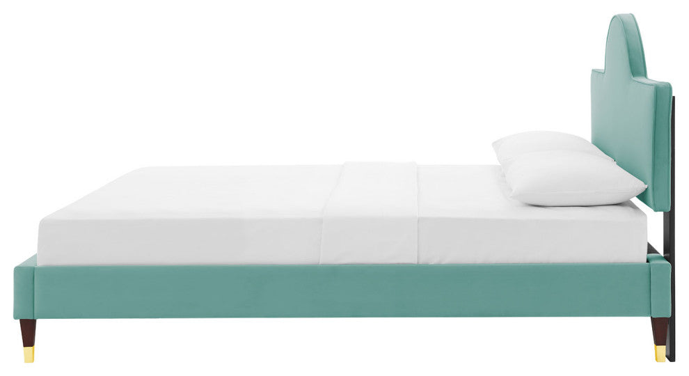 Platform Bed Frame, King Size, Blue, Velvet, Modern, Bedroom Master Guest Suite