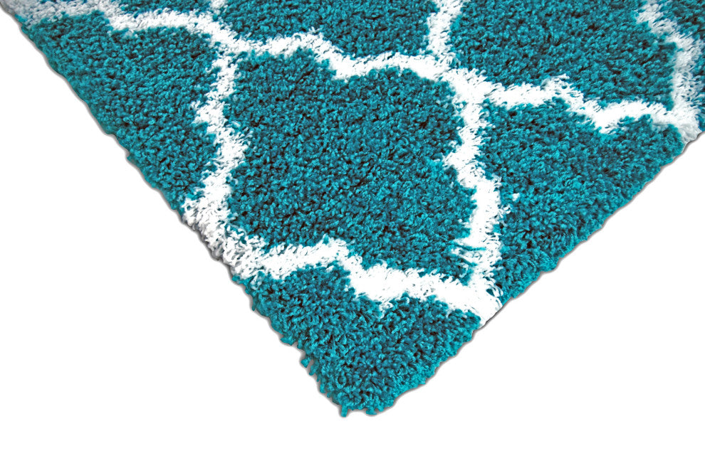 Dubach Morrocan Trellis Shag Rug - Turquoise and White - 3' X 5'