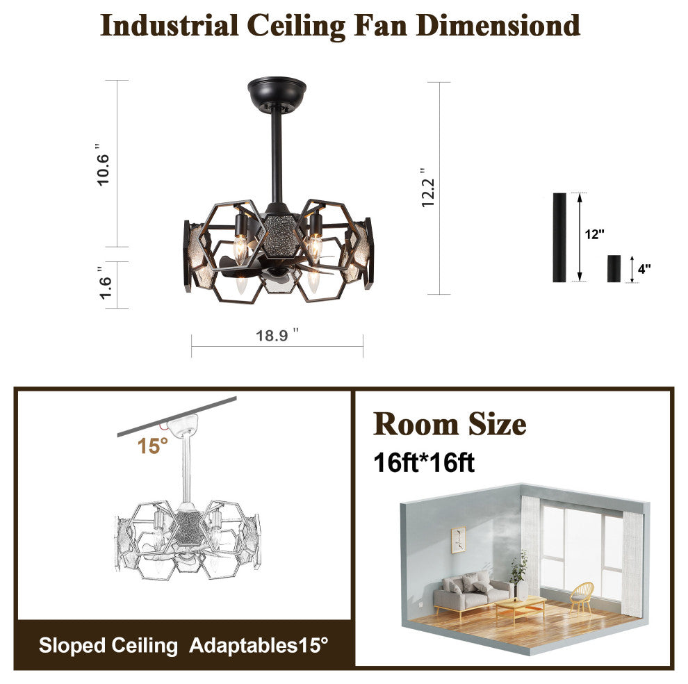 Bella Depot 19" Black Ceiling Fan with Remote and Light 6-speed
