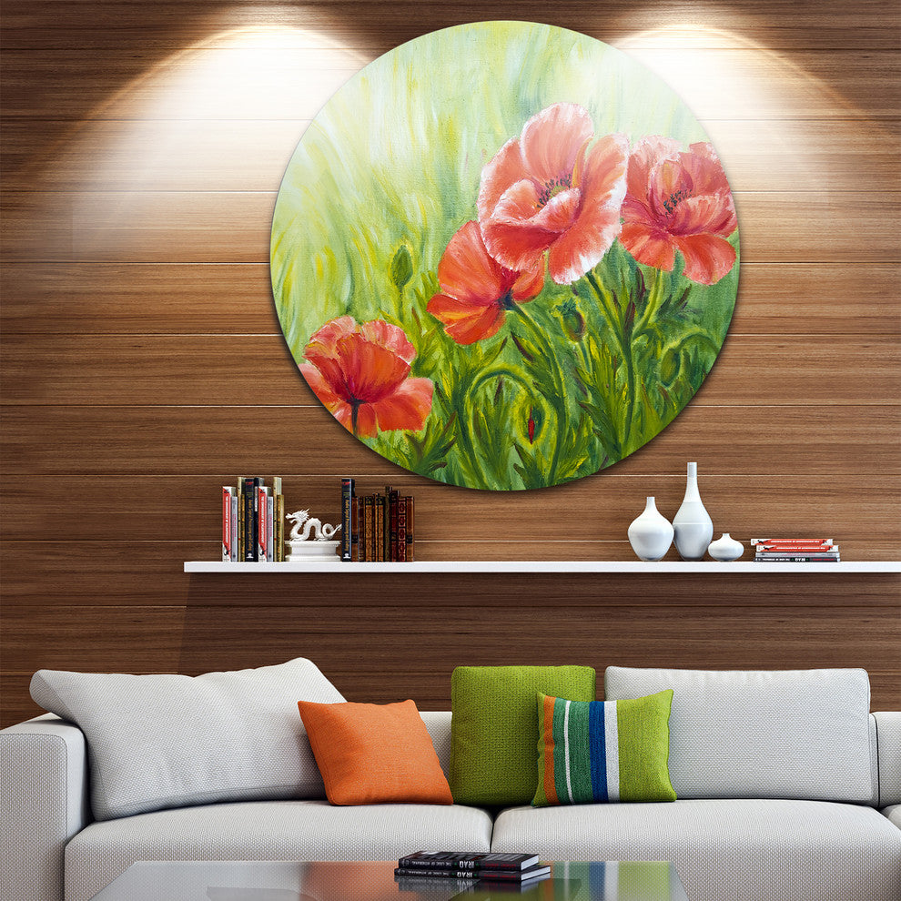 Blooming Poppies With Green Leaves, Floral Disc Metal Artwork, 36"