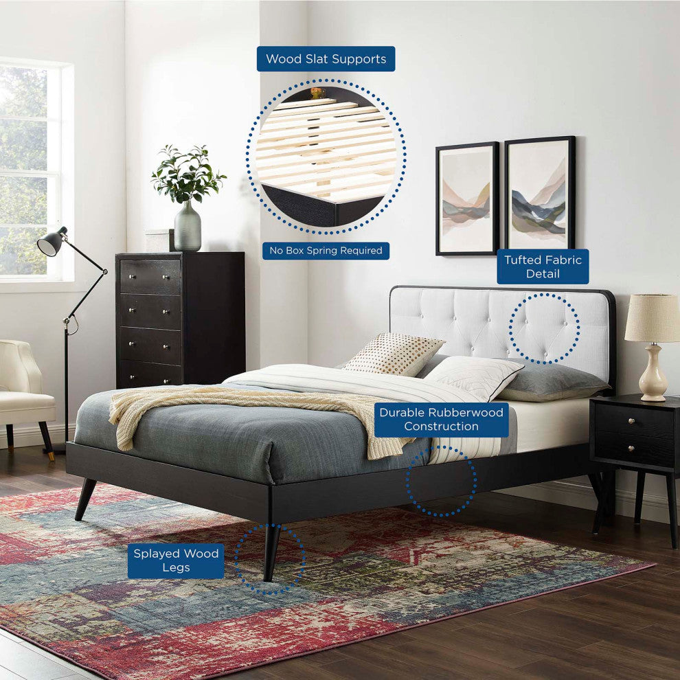 Platform Bed Frame, Queen Size, Fabric, Wood, Black White, Modern Mid-Century