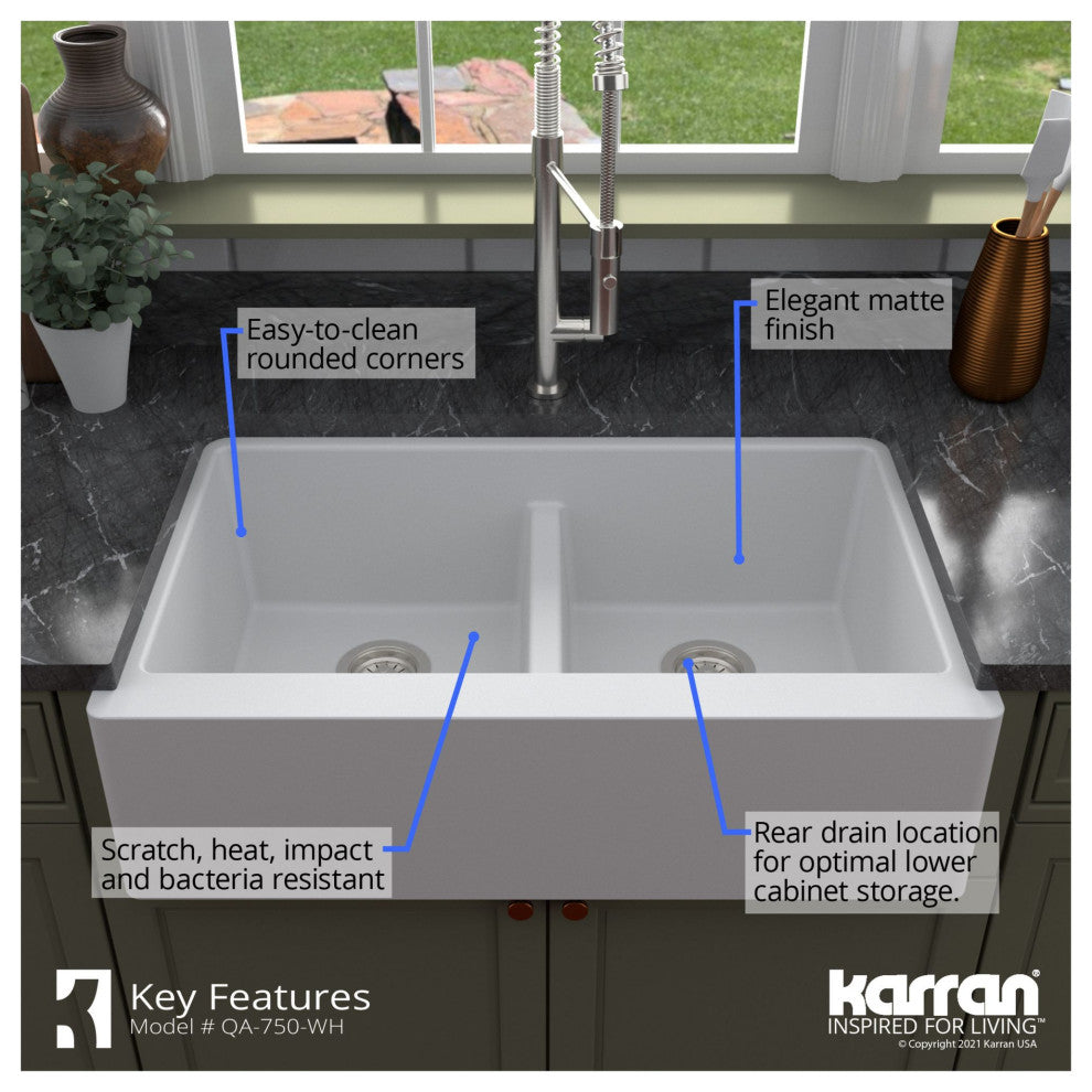 Karran Farmhouse Apron Front Quartz 34" Double Bowl Sink Kit, Black