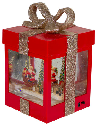 7" Lighted Red Gift Box Christmas Snow Globe With Santa and Reindeer