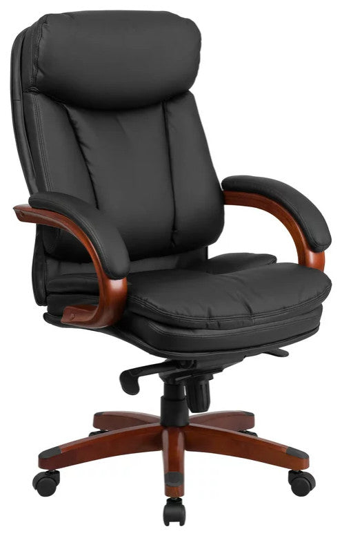 Contemporary Office Chair, Mahogany Wooden Base With Padded Arms, Black
