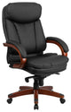Contemporary Office Chair, Mahogany Wooden Base With Padded Arms, Black
