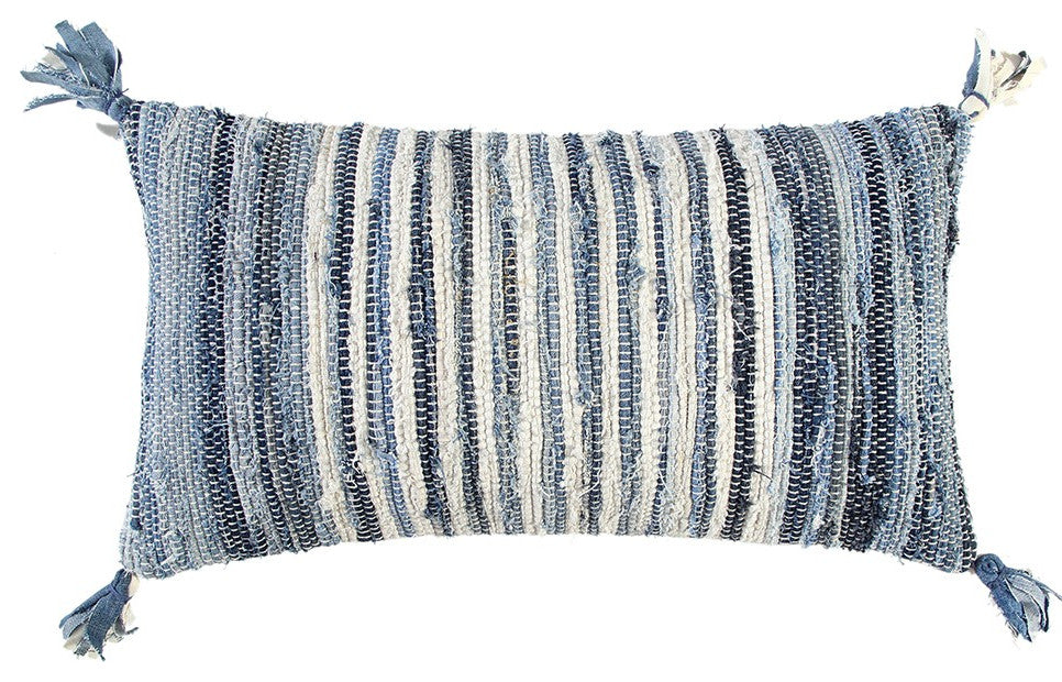 Denim Blue Repurposed Woven Strips Lumbar Pillow