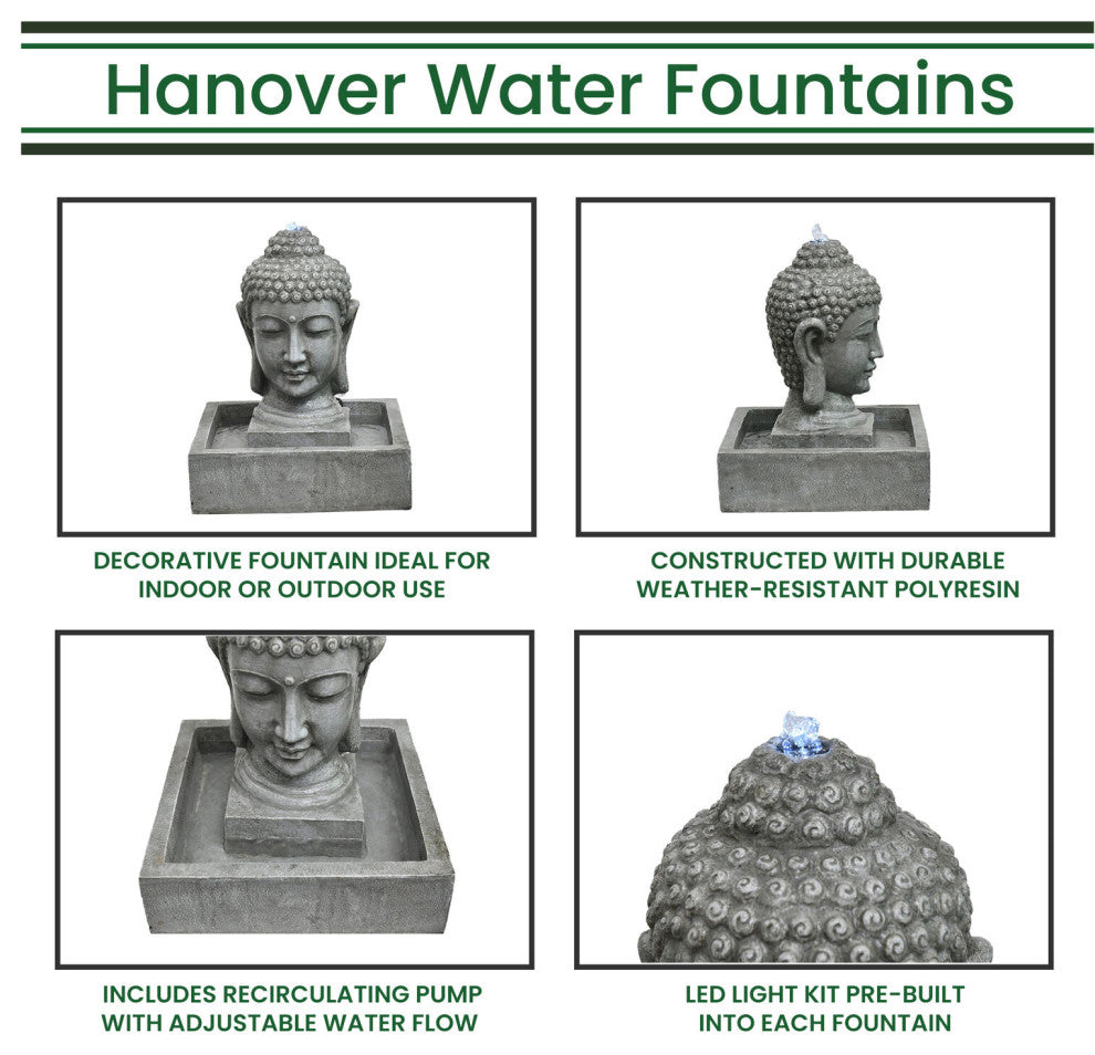 20.5" Buddha Head Indoor/Outdoor Garden Fountain, LED Lights Patio, Deck, Porch