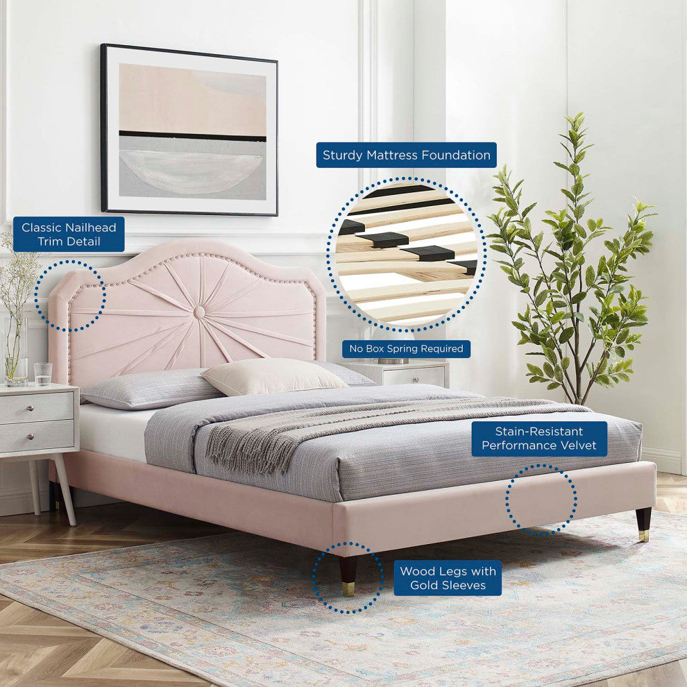 Platform Bed Frame, Full Size, Velvet, Pink, Modern Contemporary, Bedroom Master