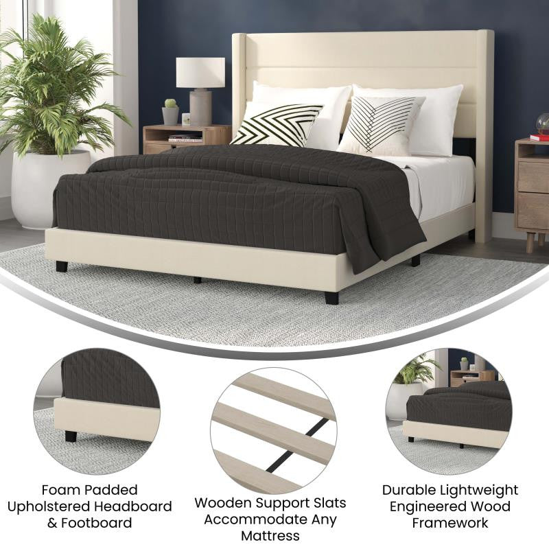 Hollis Upholstered Platform Bed with Wingback Headboard w/Mattress Foundation, Beige, Queen