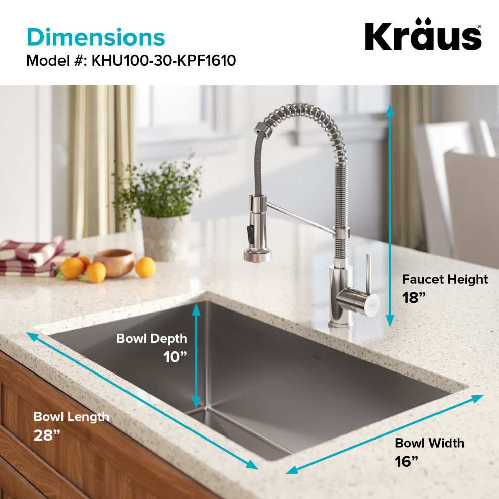 30" Undermount Stainless Steel Kitchen Sink, Pull-Down Faucet CH, Dispenser