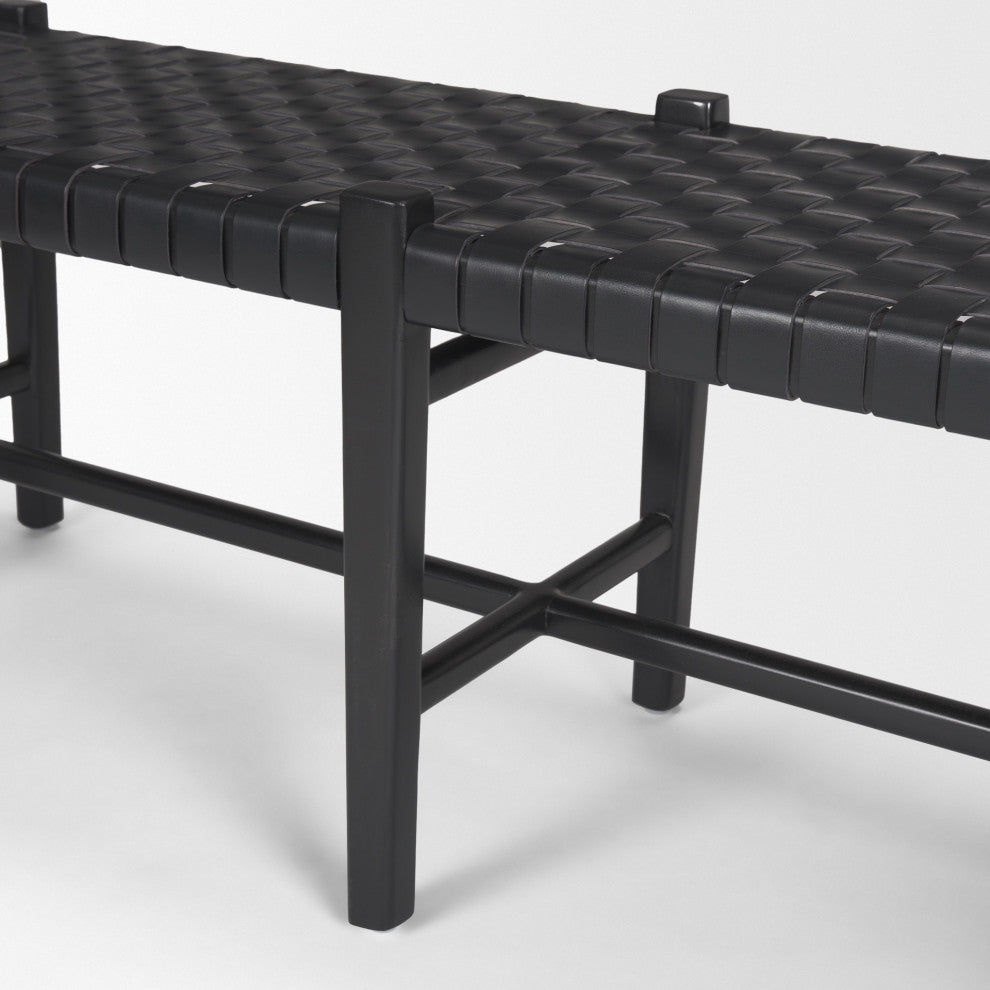 Shane Black Wood With Woven Black Leather Bench
