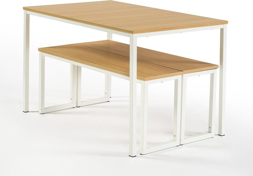 Modern Dining Table With Benches, 3-Piece Set, White