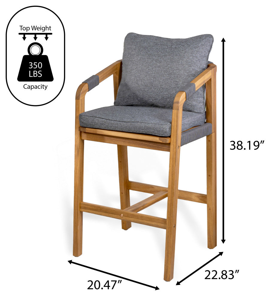 Modern Tub Roped Acacia Wood Outdoor Bar Stool With Cushions, Armrests, Set of 2