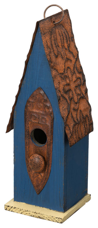 Retro Blue Distressed Solid Wood Birdhouse