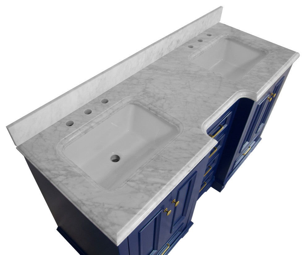 Nantucket 60" Bath Vanity, Royal Blue, Carrara Marble, Double Vanity