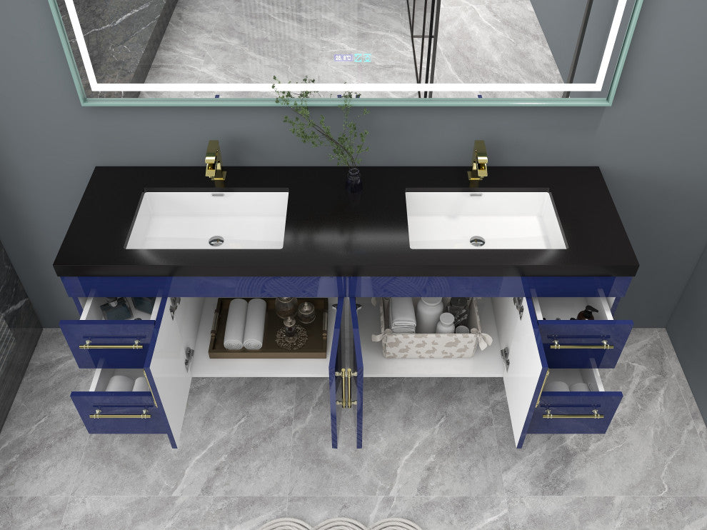 Rosa 72" Wall Mounted Modern Vanity, High Gloss Night Blue, Matt Black Top