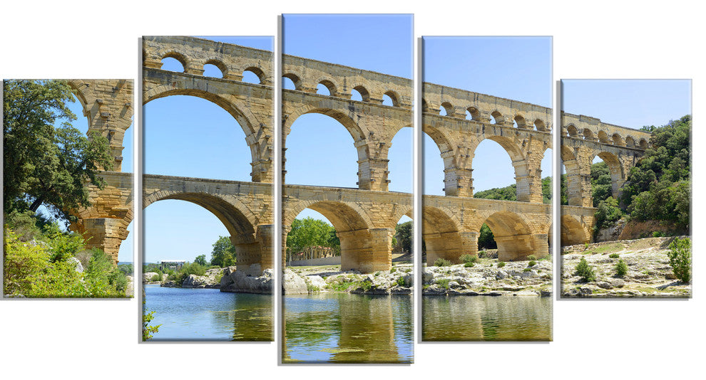Roman Aqueduct Bridge in France, Bridge Canvas Wall Art, 60"x32", 5 Panels